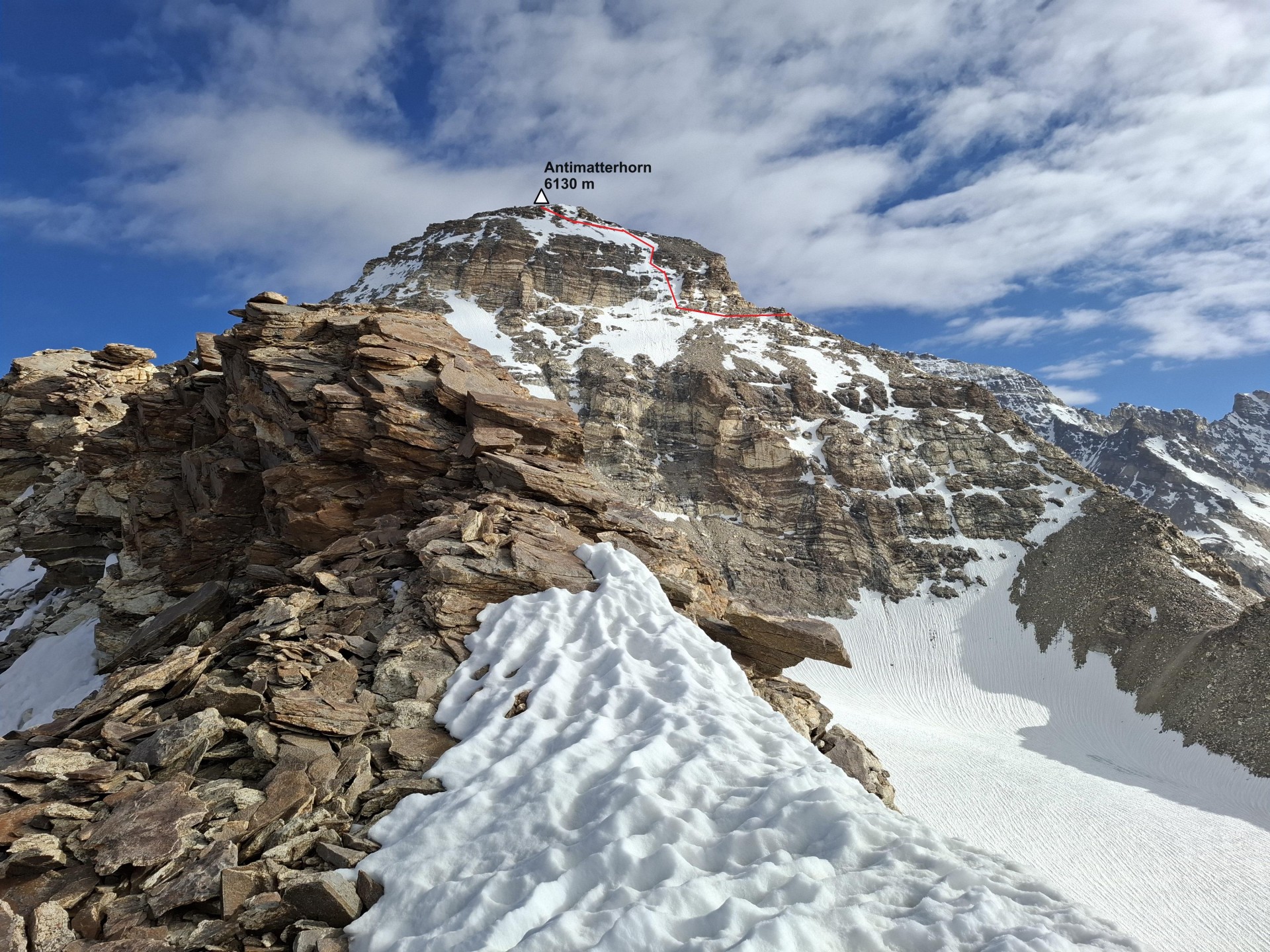 Antimatterhorn 6130m, prvi vzpon na vrh, vzhodna stena, smer Charlatan De Balkan 